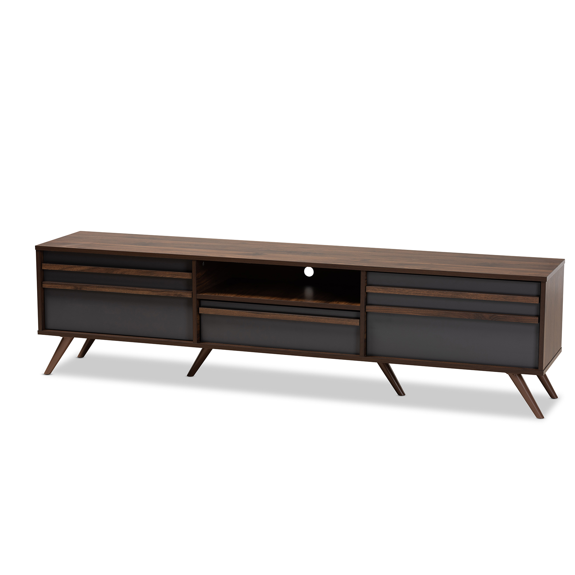 Baxton Studio Naoki Modern and Contemporary Two-Tone Grey and Walnut Finished Wood TV Stand with Drop-Down Compartments